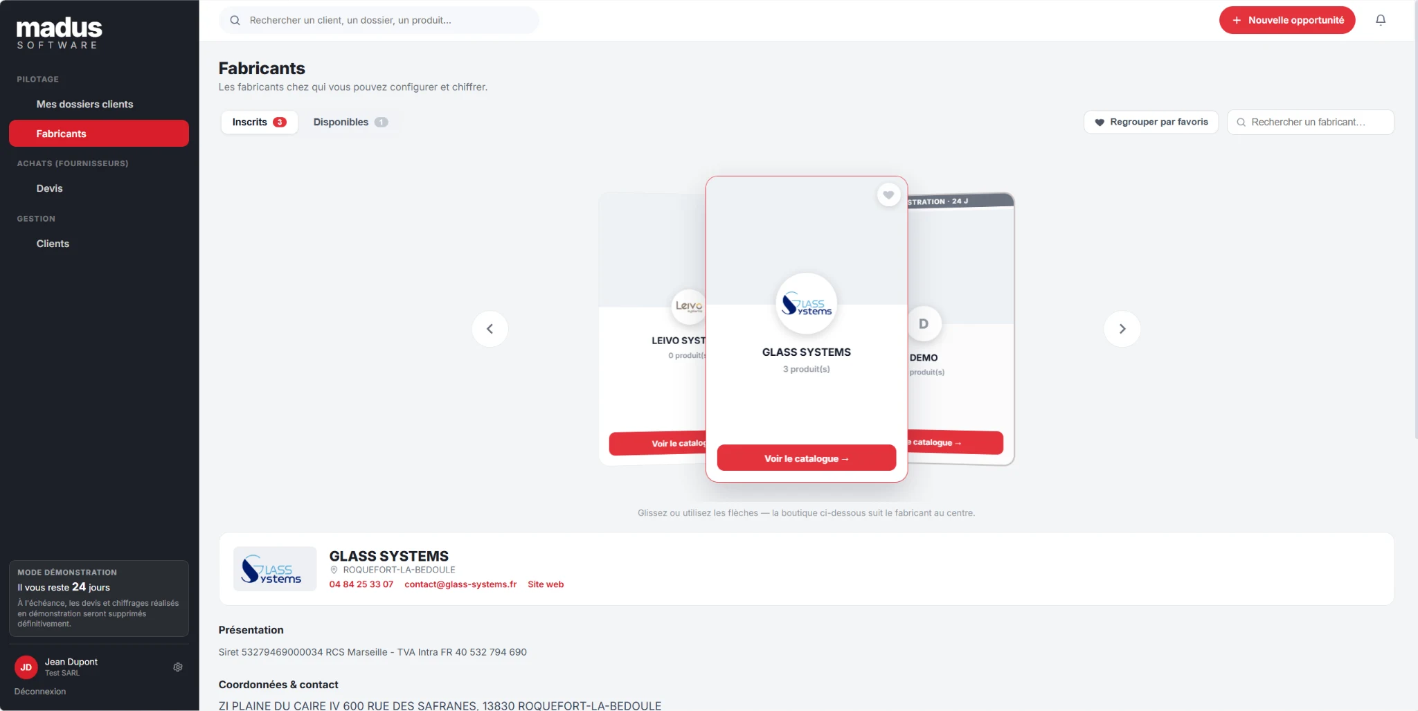 Vue des fabricants et catalogues accessibles dans Madus
